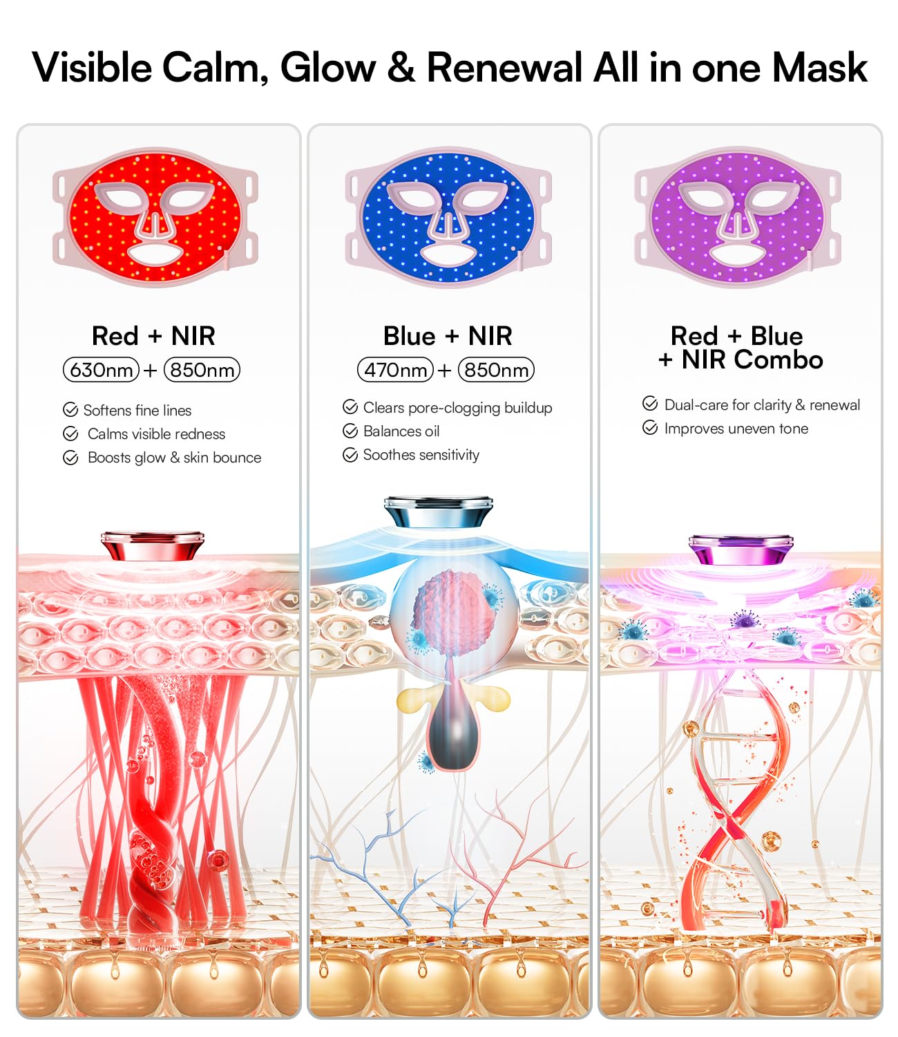 INIA Red Light Therapy Mask for Face – 4 Light Modes with 850nm NIR, Red & Blue LED Light Therapy, 2600mAh Rechargeable LED Face Mask for Radiant Glow at Home, Pink