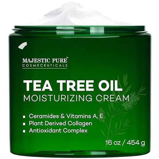 Majestic Pure Tea Tree Oil Moisturizing Cream - Body, Foot & Face Moisturizer - With Ceramides, Vitamins A E & Vegan Collagen - For Dry Skin, Oily Skin, & Appearance Of Wrinkles - 16 oz