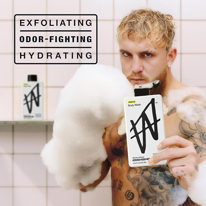 W By Jake Paul Exfoliating Body Wash for Men, Vitamin-Infused, Hydrating Shower Gel, Fresh Ice, 18 fl oz