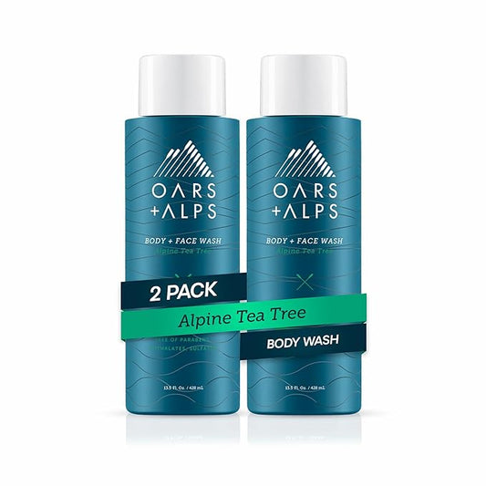 Oars + Alps Men's Moisturizing Body and Face Wash, Skin Care Infused with Vitamin E and Antioxidants, Sulfate Free, Alpine Tea Tree, 2 Pack