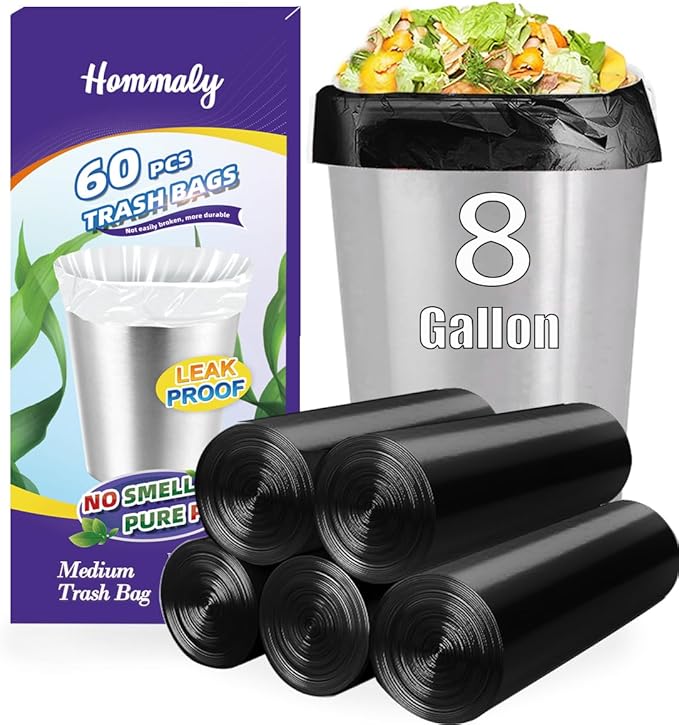 8 Gallon 60pcs Medium Black Trash Bags Strong Black Garbage Bags, Bathroom Trash Can Bin Liners, Plastic Bags for Office Home Kitchen, Waste Basket Liner, Fit 30 Liter, 7,8 Gal(8G60-Black)