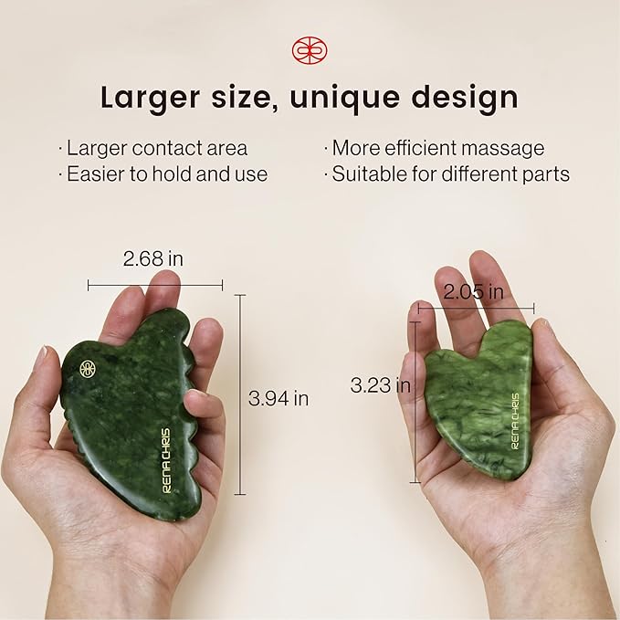 Rena Chris Gua Sha Facial Tool, Natural Xiuyan Jade Stone Body Gua Sha with Exquisite Wooden Box, Large Guasha Suitable for Face Lifting, Puffiness Reducing and Whole Body Massage, Skin Care Massager