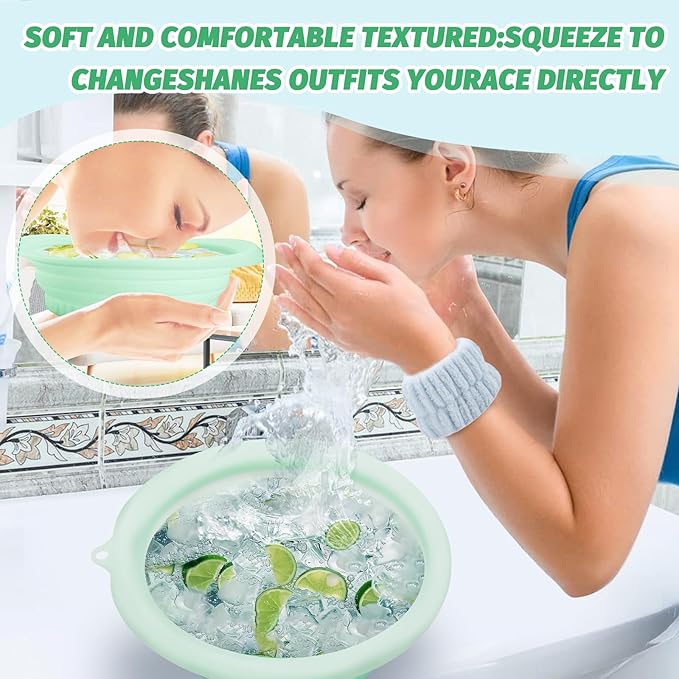 1 Piece of Face Bowl for Ice, Face Ice Bath Bowl, Comes with 1 Light Blue Face Wash Strap and 1 Pair of Face Wash Wrists, Built-in Ice Tray, Foldable and Portable (Green)