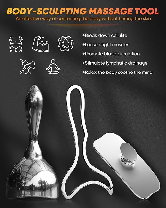 ONUEMP 3-in-1 Stainless Steel Therapy Massage Tool, Gua Sha Paddle & Swedish Cup & Mushroom Massager, Maderoterapia Kit Colombiana for Lymphatic Drainage, Cellulite Remover, Body Sculpting