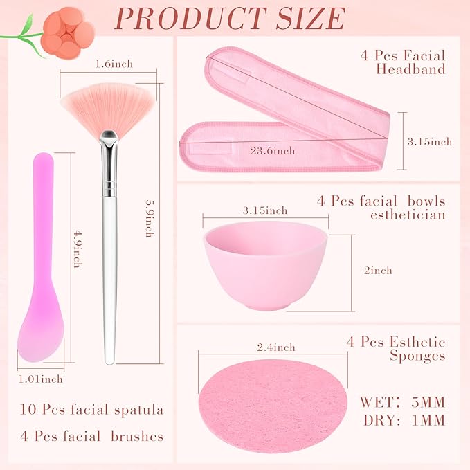 Esthetician Facial Supplies Set: 4 Silicone Bowls, 4 Headbands, 15 Compressed Sponges, 10 Spatulas, 4 Mask Fan Brushes