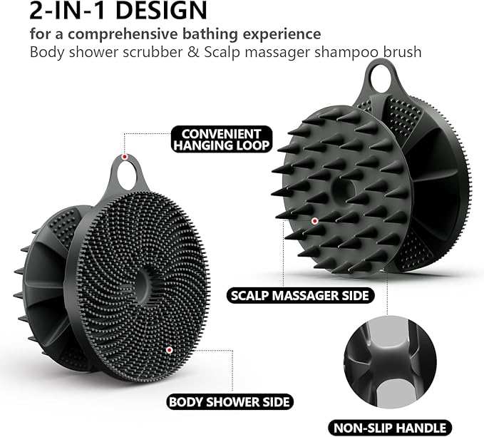 2 in 1 Silicone Brush, BEAUTAIL Body Shower Scrubber and Scalp Hair Massager Shampoo Brush, Deeply Cleanse Skin, Dandruff Removal and Hair Growth, Gentle for Women Men Sensitive Skin, 1 Pack (Black)