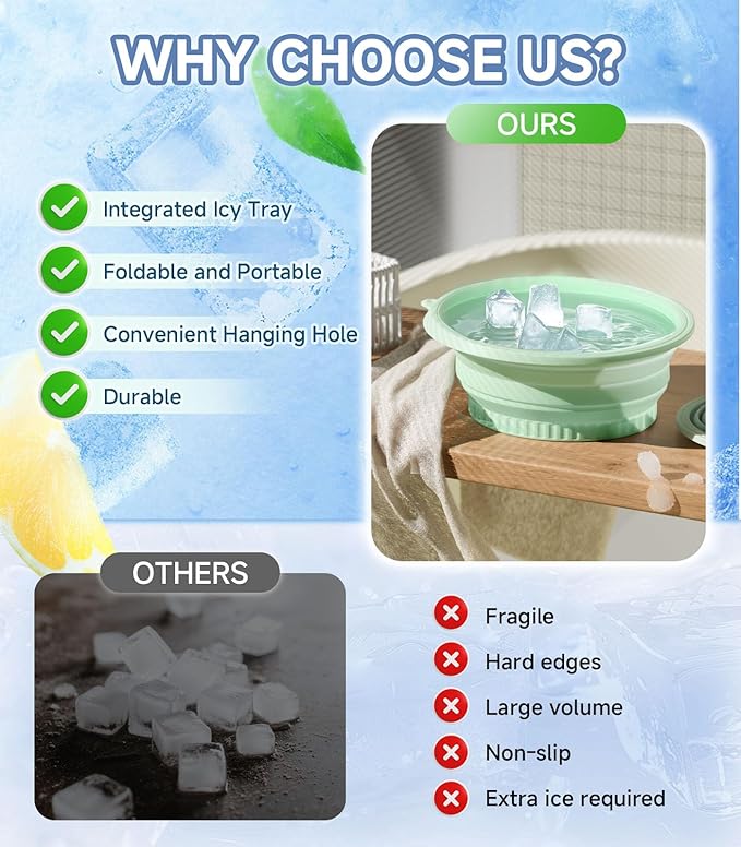 Face Bowl for Ice with Built-in Ice Tray – Collapsible Silicone Facial Ice Bath Bowl for Cold Plunge Therapy, Skin Tightening & Acne Relief – Portable Spa Tool for Home & Travel（Green
