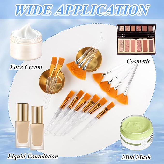 24Pcs Esthetician Supplies for Facials Set, Including 8 Gold Stainless Steel Facial Mixing Bowls, 8 Fan Mask Brushes & 8 Flat Brushes, Face Mask Cosmetic Applicators Kit for Spa Home Use