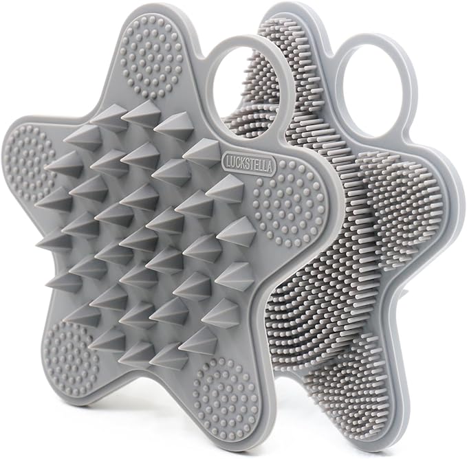 LUCKSTELLA 100% Silicone Dual-Sided Shower Brush – Star-Shaped Body Scrubber & Scalp Massager, Gentle for Hair & Skin (Silver-Gray)