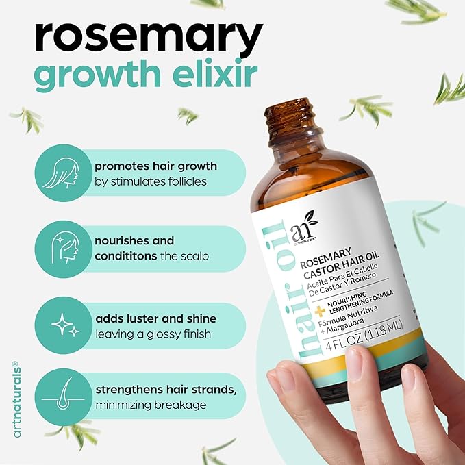 ArtNaturals Organic Rosemary & Castor Hair Growth Oil + Scalp Massager Set – Hair Relaxer for Dry, Itchy Scalp, Thickening & Hydration - Scalp Oil Products For Damaged Hair & Split Ends – 4.0 oz