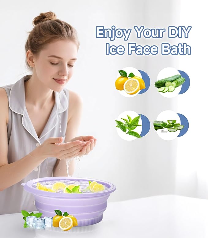 Face Bowl for Ice with Built-in Ice Tray – Collapsible Silicone Facial Ice Bath Bowl for Cold Plunge Therapy, Skin Tightening & Acne Relief – Portable Spa Tool for Home & Travel(Purple)