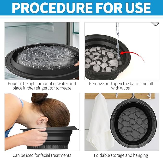 2PCS Large Bowl for Face Ice Bath Foldable Basin with Built-in Ice Tray Collapsible Silicone Bowl for Dipping Face Bath Portable Spa Tool for Home & Travel Reducing Puffiness (Black)