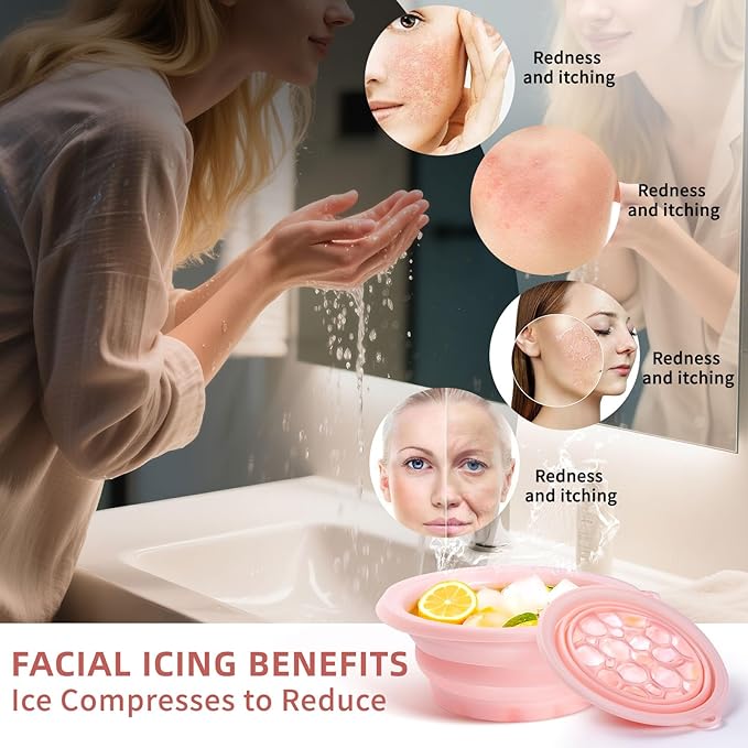 Face Bowl for Ice with Built-In Icetray, Silicone Ice Facial Foldable Washbasin,Ice Bath for Face,Facial Plunge Bowl, Face Icebath at Home, Pink