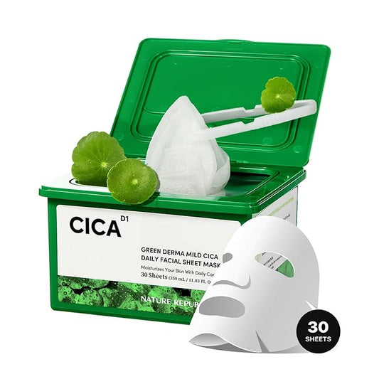 Nature Republic Cica Daily Face Mask (30 vegan sheets) Propolis Extract & Centella Asiatica Bulk Facial spa Mask for Moisturizing & Hydrating Glow, korean beauty skin care for all skin types