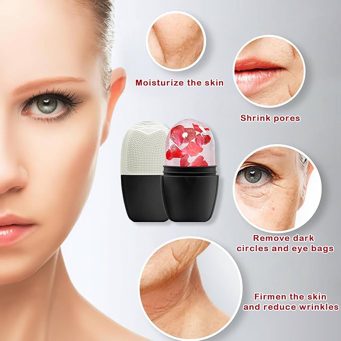 XHJRI Ice Face Roller Massager,Ice Cube Roller for Face, Eyes and Neck Naturally Conditioning and Skin Care,De-Puff Eye Bags,Reduce Migraine Pain,Reusable Massage Silicone Ice Mold (New Black White)