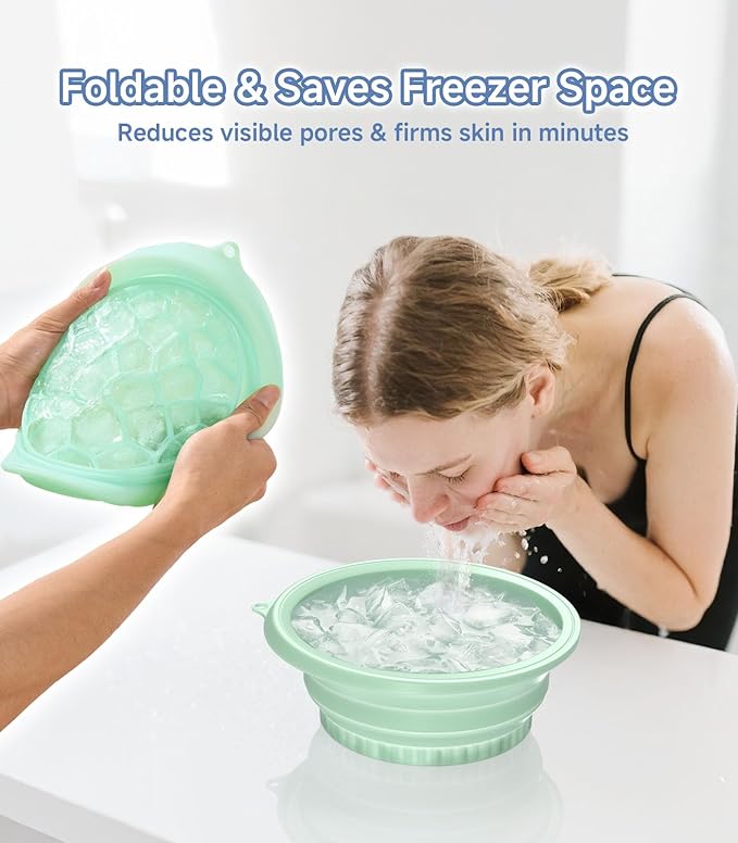 Face Bowl for Ice with Built-in Ice Tray – Collapsible Silicone Facial Ice Bath Bowl for Cold Plunge Therapy, Skin Tightening & Acne Relief – Portable Spa Tool for Home & Travel（Green