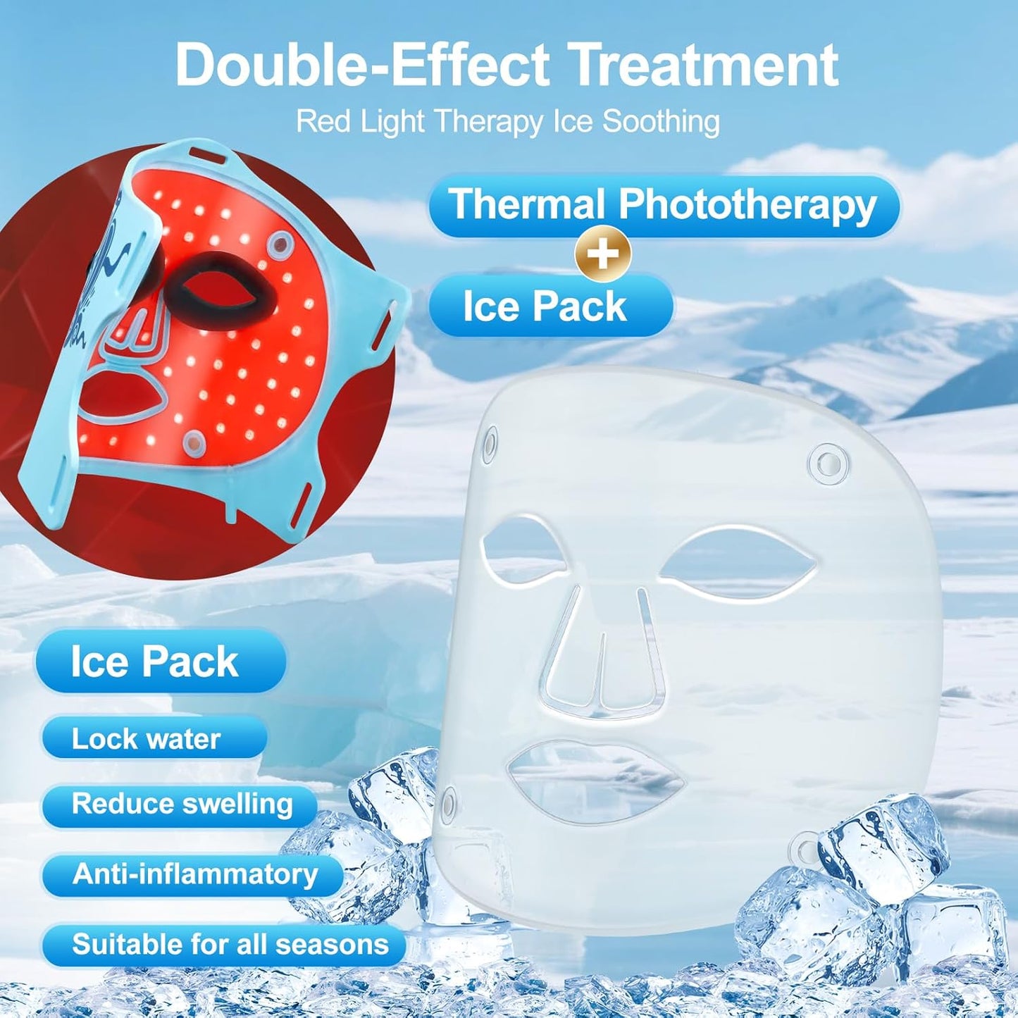 Red Light Therapy for Face with Ice Compress, 850nm Infrared Red Light Therapy, 8 Light Modes Led Face Mask Light Therapy, 4 in 1 lamp beads, 3000mAh, Facial light therapy devices for Home, Blue