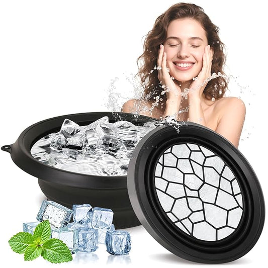 Foldable Silicone Facial Ice Bath Bowl, Ice Face Bowl with Built-in Ice Tray - for Cold Immersion Therapy, Skin Tightening and Acne Relief - Portable Cold Therapy Tool for Home and Travel (Black)