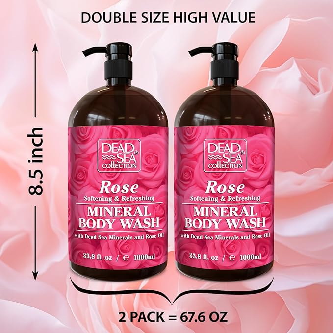 Dead Sea Collection Rose Body Wash for Women and Men – Rose Hip Oil & Dead Sea Minerals – Moisturizing Shower Gel for Dry & Sensitive Skin – Pack of 2 (67.6 fl oz)