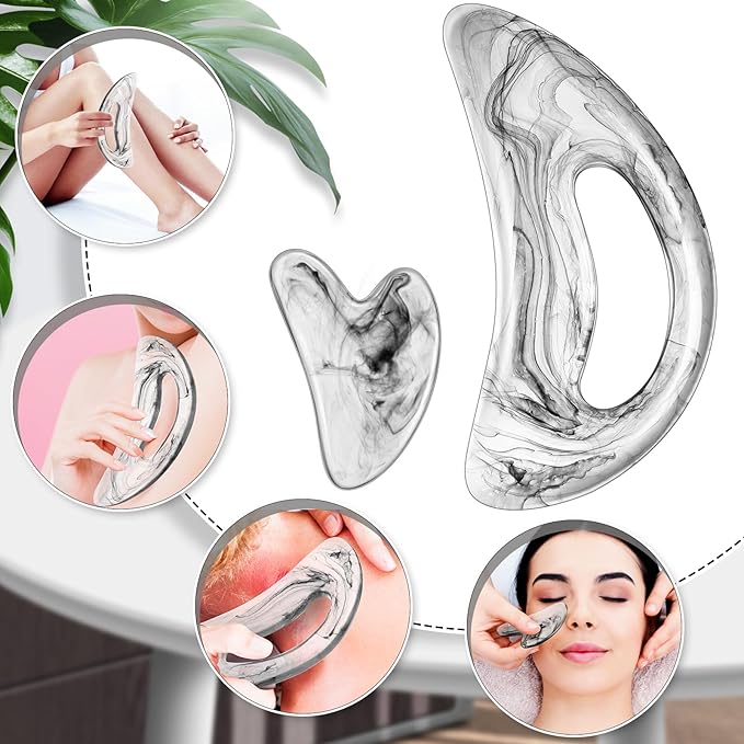 BBTO 2 Pcs Body Gua Sha Tool Large Resin Scraping Tools with Handle for Back, Neck, Face, Leg - Lymphatic Drainage, Cellulite Removal, Muscle Relief(Clear)