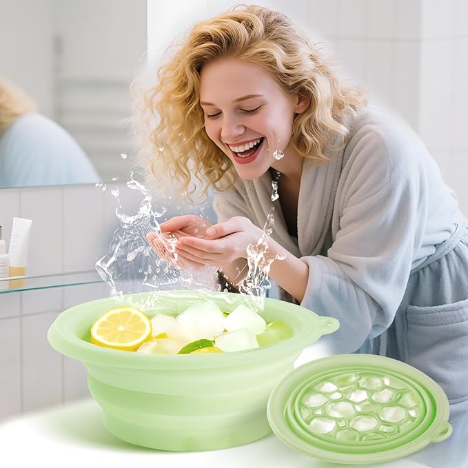 Face Bowl for Ice with Built-in Icetray, Silicone Ice Facial Folding Washbasin, Facial Plunge Bowl, Face Icebath at Home (Green)
