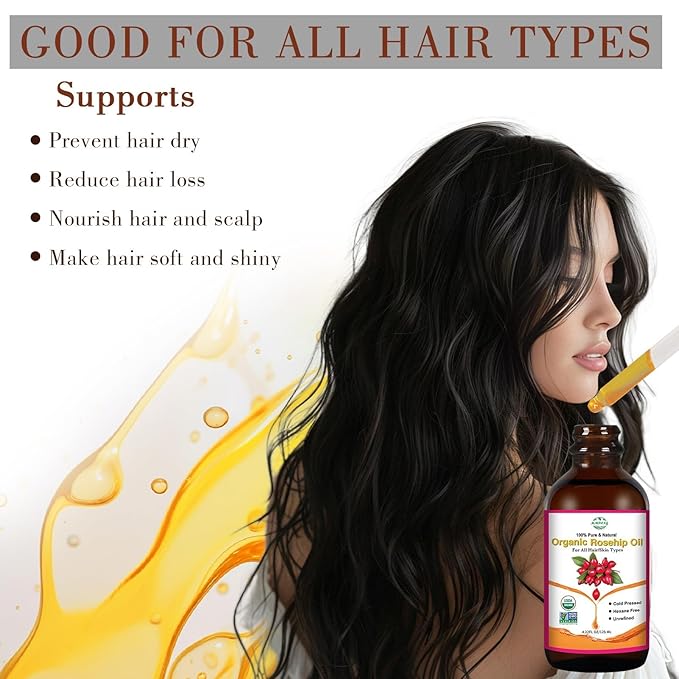 100% Pure Natural Rosehip Oil for Face, USDA Certified Organic, Cold Pressed, Extra Virgin, Hexane Free Rosehip Seed Oil for Anti-Aging, Acne Scar Treatment, Skin & Hair Care (4.22 oz/125 ml)