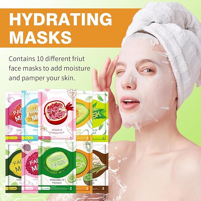 30 Sheets Face Masks Skincare, Hydrating Variety Face Mask For Sensitive Skin, Moisturising Sheet Mask for Women, Soothe Facial Masks for All Skin Types, Fruit Sheet Face Mask Skincare for Spa