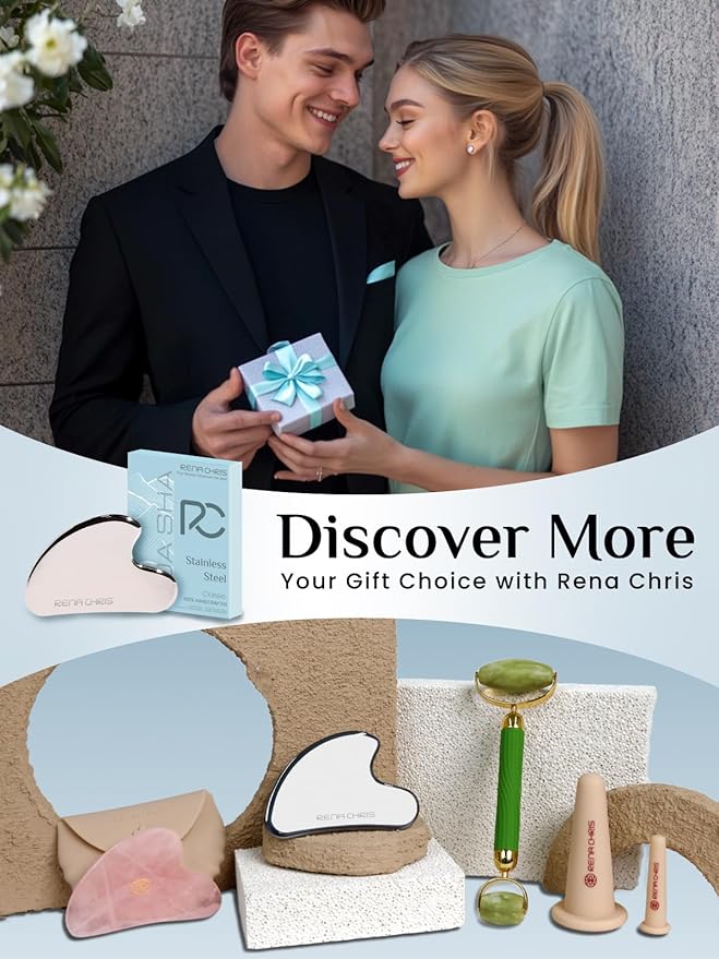 Rena Chris Gua Sha Facial Tools, Stainless Steel Guasha Tool for Acupuncture, Manual Massage Tool for Jawline Sculpting and Puffiness Reducing, Gua Sha Facial Massage Tool, Skin-Care Gift