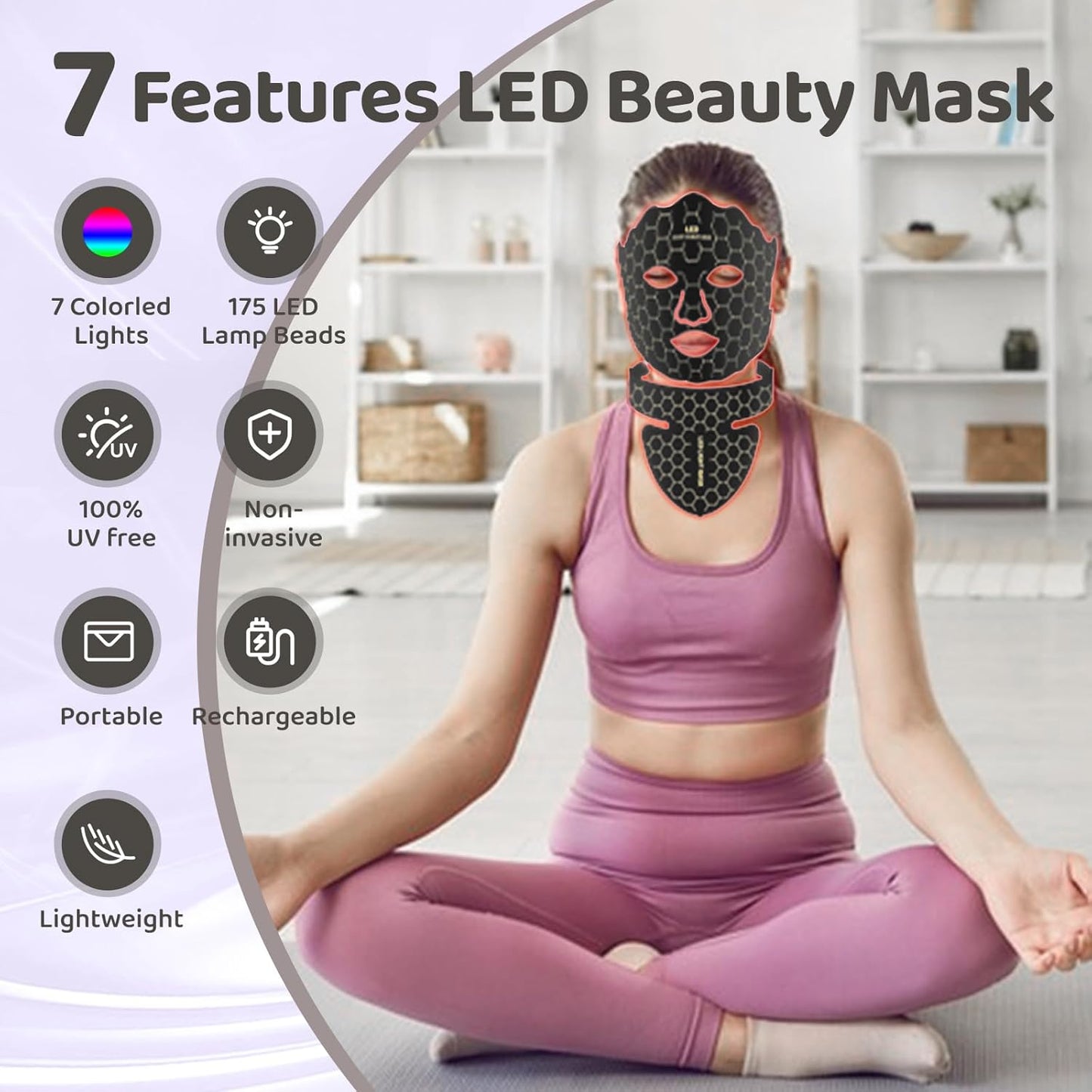 Yahi Red Light Photon Facial & Neck Mask with Remote Control, 7 Custom Modes with Infrared, Portable & Rechargeable with Timer for Home Use, 175 High-Density Light Beads, Black