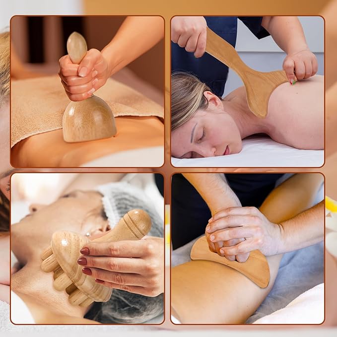 Wood Therapy Tools for Body Shaping,8 in 1 Wood Therapy Massage Tools,Wooden Gua Sha Tools,Lymphatic Drainage Massager,Maderoterapia kit,Wooden Massager Roller Rope for Body Shaping, Beige