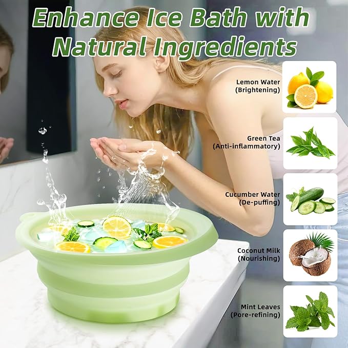 Face Bowl for Ice with Built-in Icetray, Silicone Ice Facial Folding Washbasin, Facial Plunge Bowl, Face Icebath at Home (Green)