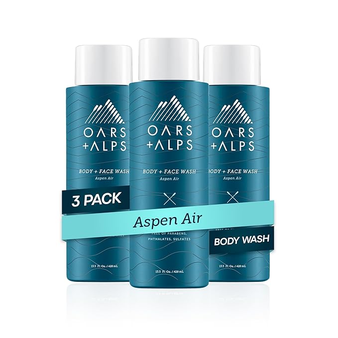 Oars + Alps Mens Moisturizing Body and Face Wash, Skin Care Infused with Vitamin E and Antioxidants, Sulfate Free, Aspen Air, 3 Pack