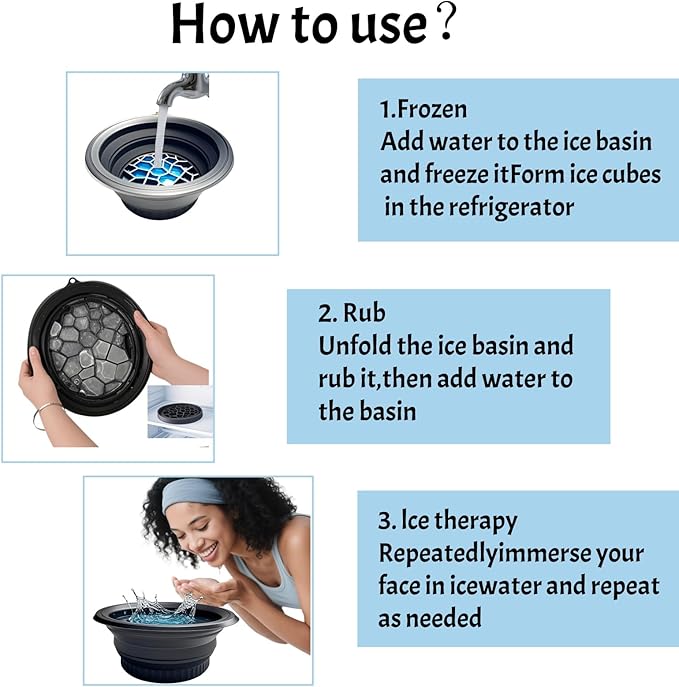 Face Bowl for Ice with Built-in Tray – Collapsible Silicone Face Bath Bowl for Cooling Skin – Portable Design for Home & Travel (Dark)