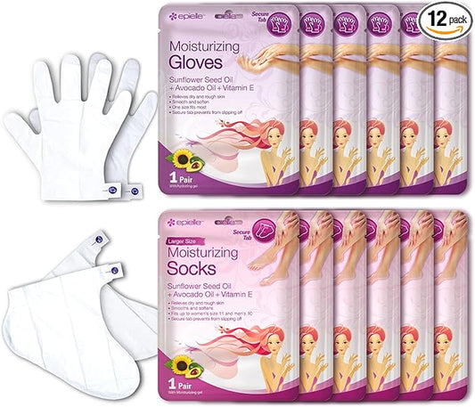 Epielle Moisturizing Hand & Foot Masks 12 Pairs, Soften Dry Hands & Cracked Heels with Sunflower Seed Oil & Avocado Oil, Korean Skin Care, Spa Self Care Gifts for Women, 6 Gloves & 6 Socks