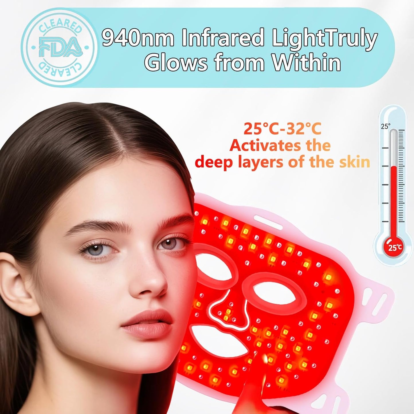 Red Light for Face,Heated LED Face Mask Light,25°C-32°C Heated Infrared Red Face Mask Light,Anti-Aging Infrared Mask