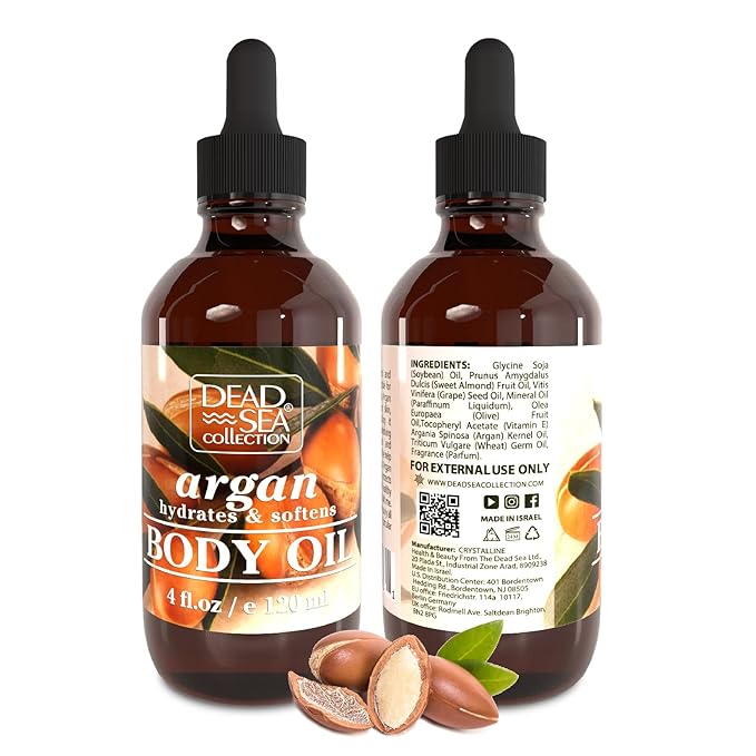 Dead Sea Collection Body Oil with Argan - Dry Skin Moisturizer and Hydrating Massage - Nourishing Bath Oil - Increase Skin Elasticity and Provide Anti-Aging Support for Face and Body (4 fl.oz)