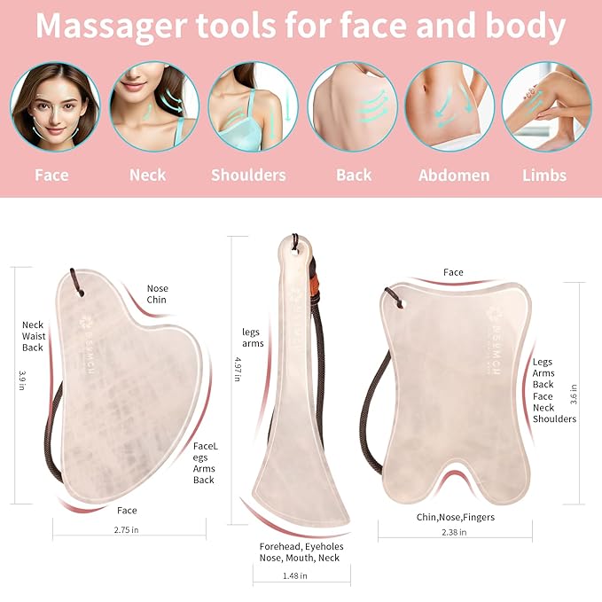 Skin Care Set, 1 Pack 3 in 1 Jade Gua Sha Massager, Pink,Guasha Tool for Face and Body, Truly Beauty Products