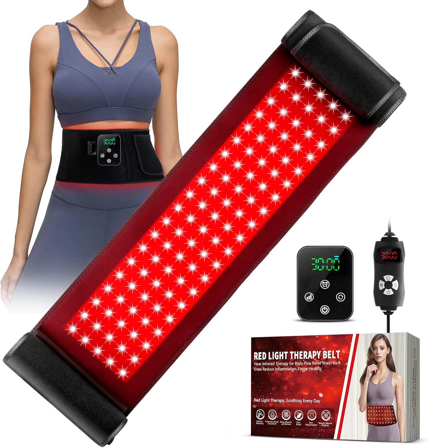 2-in-1 Cordless Red Light Therapy Belt, Wired & Wireless Controller 3000mAh Rechargeable Battery Magnetic LED Screen, 49" * 7" Wearable 660nm & 850nm Red Light Therapy Wrap Belt for Body Pain Relief