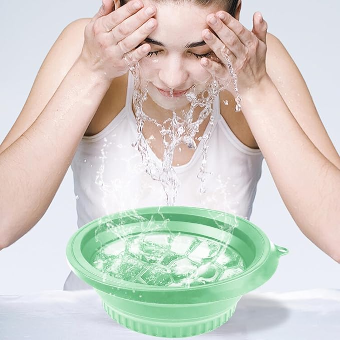 2PCS Large Bowl for Face Ice Bath Foldable Bowl with Built-in Ice Tray Collapsible Silicone Sink for Dipping Face Bath Portable Spa Tool for Home & Travel Reducing Puffiness (Green)