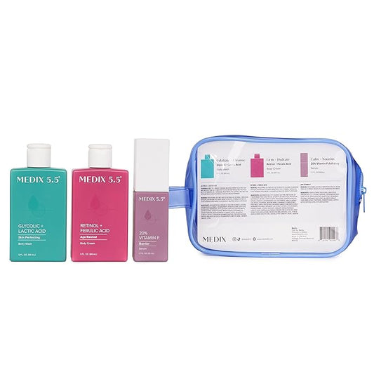 MEDIX 5.5 Best Sellers Travel Kit Skin Care Set - Retinol Body Lotion + Glycolic Acid Exfoliating Body Wash + 20% Vitamin F Body Oil 3PC Skincare Set | Crepey Skin Care Treatment, 3 Piece Travel Kit