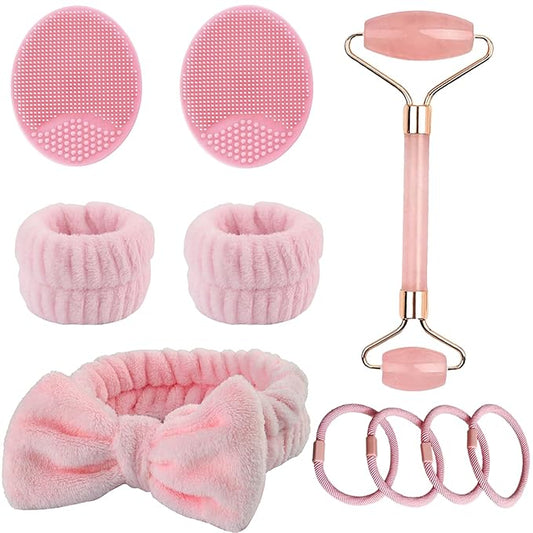 10 PCS Pink Spa Hair & Face Care Set,birthday gifts with Hair ties Silicone face brush Girl Gift for Face Washing, Makeup, Stone Facial Roller,Gua Sha Roller, Remove Wrinkles Eye Puffiness
