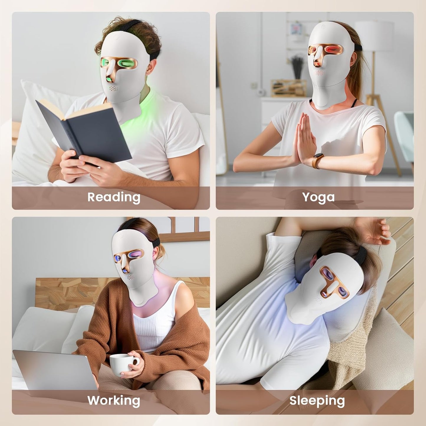 Red Light Therapy Mask for Face & Neck, LED Face Light Therapy,USB C Rechargeable,Infrared Mask for Home Working Travel Yoga (White Gold)