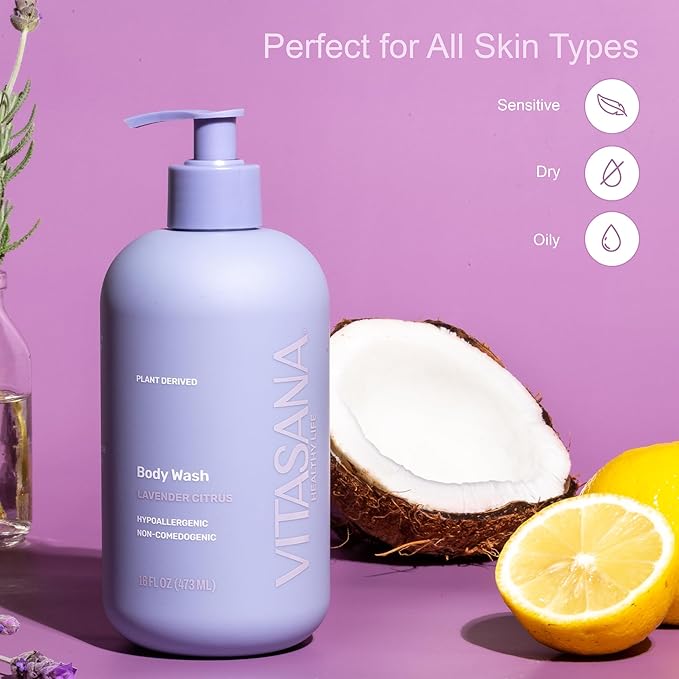 Vitasana Natural Body Wash for Sensitive Skin, 16oz – Lavender Citrus Scent, Plant-Based, EWG Verified, Hypoallergenic, Paraben-Free, Sulfate-Free, Cruelty-Free
