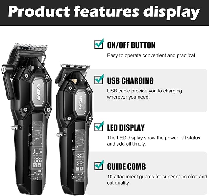 VGR Professional Hair Clippers for Men, Cordless Barber Clippers and Trimmers Set, Mens Hair Cutting Kit with 10 Guide Combs, USB Rechargeable Haircut Machine for Family, LED Display, Black
