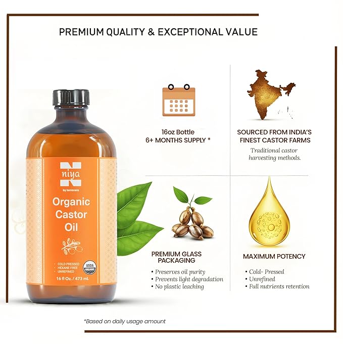 Niyavera 16oz Pure Castor Oil Organic Cold Pressed Unrefined, Hexane Free,Natural - Glass Bottle with Pump, USDA Certified, Golden Castor oil for Skin, Hair, Lashes, Nails & More