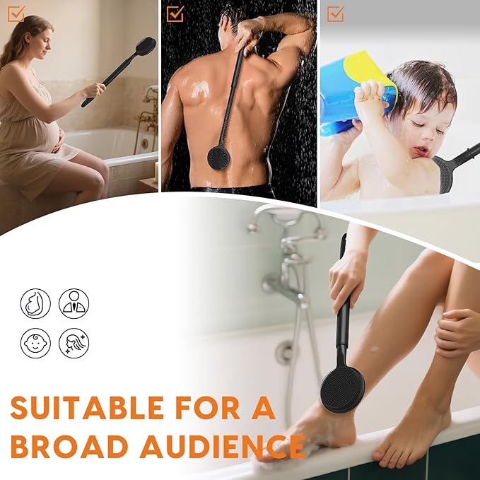 VWMYQ Silicone Back Scrubber for Shower, 24in Adjustable Handle Body Brush, Double Sided Shower Brush for Shower Exfoliating and Massage Can Produce Rich Foam, Long Handle Back Scrubber for Men