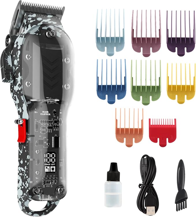 Professional Hair Clippers for Men, Cordless Barber kit for Hair Cutting & Grooming, Black Hair Clippers Set for Barber Haircut with LED Display 8 Fade Taper Combs
