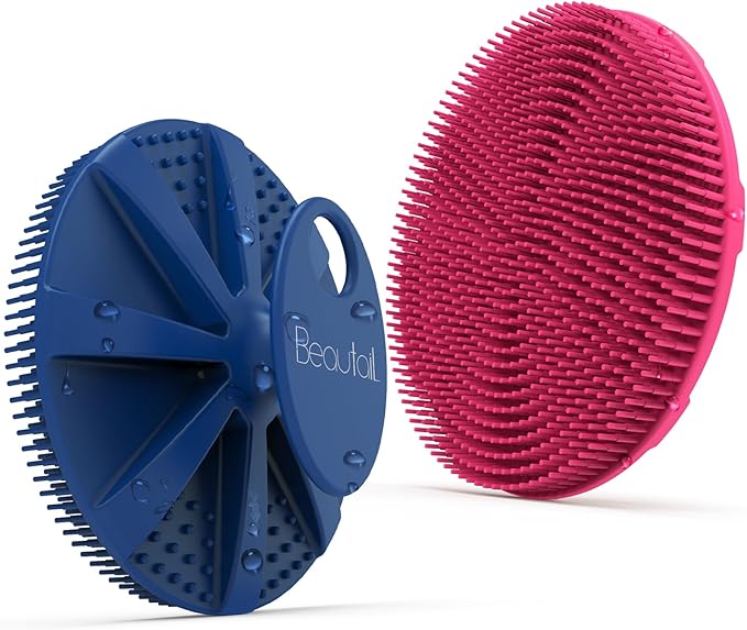 Silicone Body Scrubber 2 Pack, BEAUTAIL Shower Bath Scrubber, More Hygienic Than Traditional Loofah, Lather Nicely, Gentle Exfoliating Brush for Women Men Baby Sensitive Skin, Blue+Rose