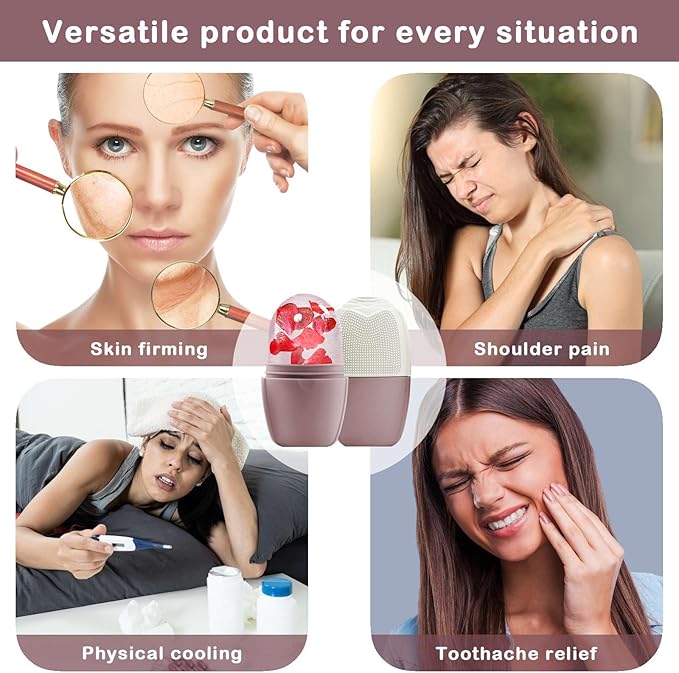 KOGITI Face Ice Roller & Mold - Beauty Facial Massage Tool for Puffiness Relief, Ice Cube Holder (Brush-Brown)