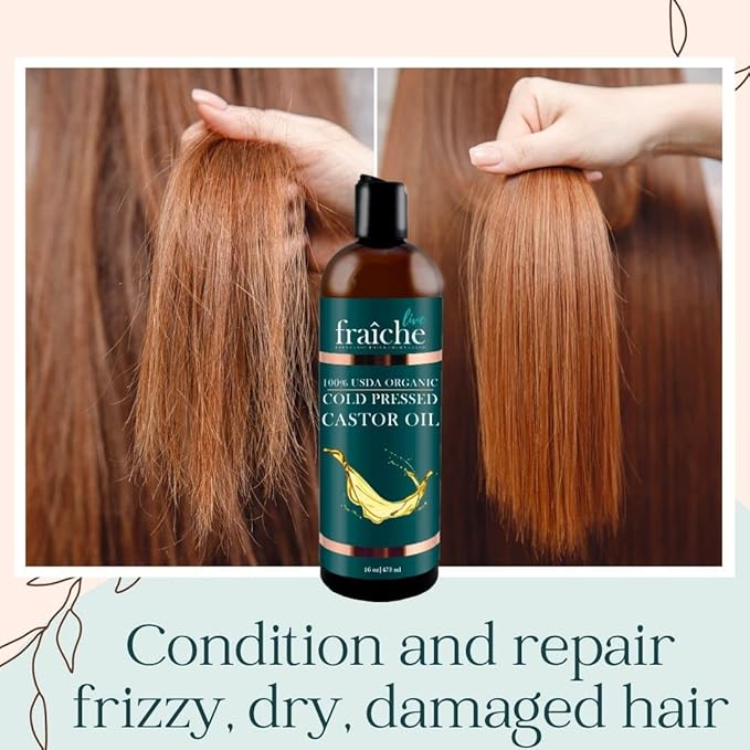Live Fraiche Organic Castor Oil (16oz) + Filled Mascara Tube - 100% Pure Hexane Free Cold Pressed Castor Oil for Skin and Face - Hair Growth Oil for Eyelashes and Eyebrows Scalp & Hair Treatment Oil